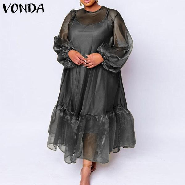 Casual Kleider Durchsichtig Kleid Elegante Frauen Langarm Böhmischen 2021 VONDA Sommer Party Sommerkleid Vestidos Übergroßen