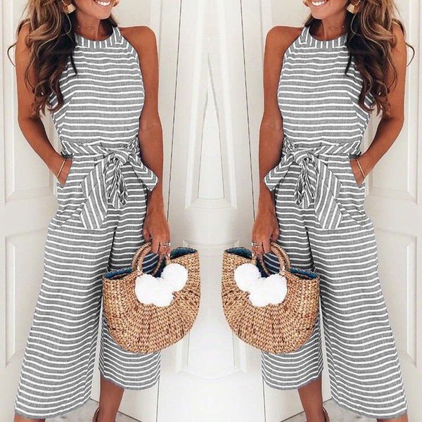 

women's jumpsuits & rompers elegant summer fashion overalls women striped o-neck sleeveless long belt bow loose party jumsuit, Black;white