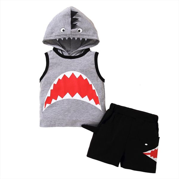 

summer kid baby boy shirt shorts sleeveless hooded cartoon printed pullover sports pants set, White