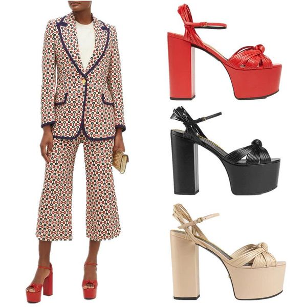 

summer 2021 high-heeled sheepskin strappy combination chunky platform sandals catwalk large women's shoes dress, Black