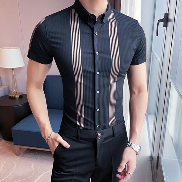

men's casual shirts luxury men black and white stripe tuxedo shirt short sleeve button down dress 2021 overhemden heren vintage slim, White;black