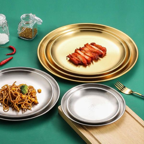 

dishes & plates stainless steel round dessert cake snack dinner restaurant gold serving tray silver storage plate korean cutlery