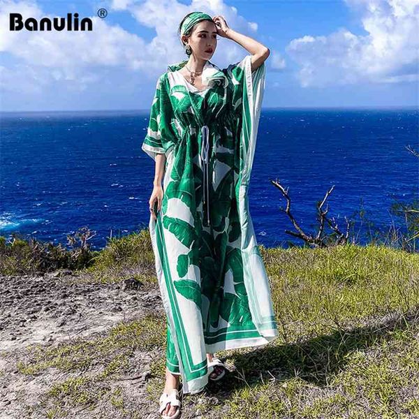

banulin plus size summer boho maxi dress for women's bating sleeve green leaves print loose long robe ete femme 210603, Black;gray
