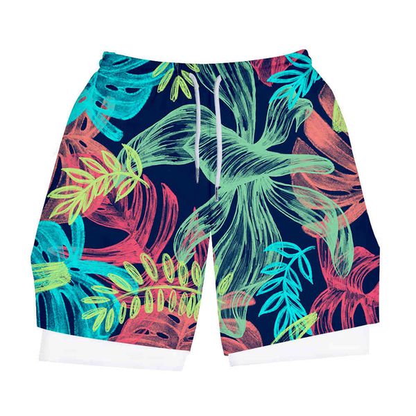 

men's shorts leaf simple 3d double layer sports pants capris fitness, White;black