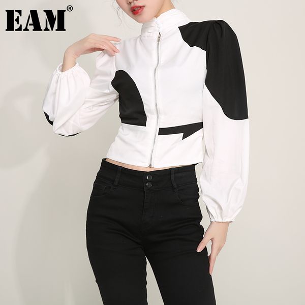 

[eam] women white contrast color hollow out blouse stand collar long sleeve loose shirt fashion spring summer 1y59500 21512