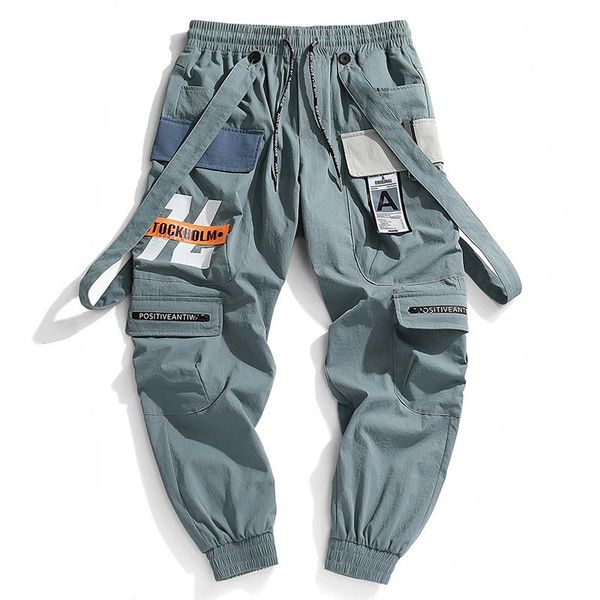 

men's pants men ribbons multi pockets cargo harajuku casual joggers track streetwear trouser hip hop harem techwear, Black