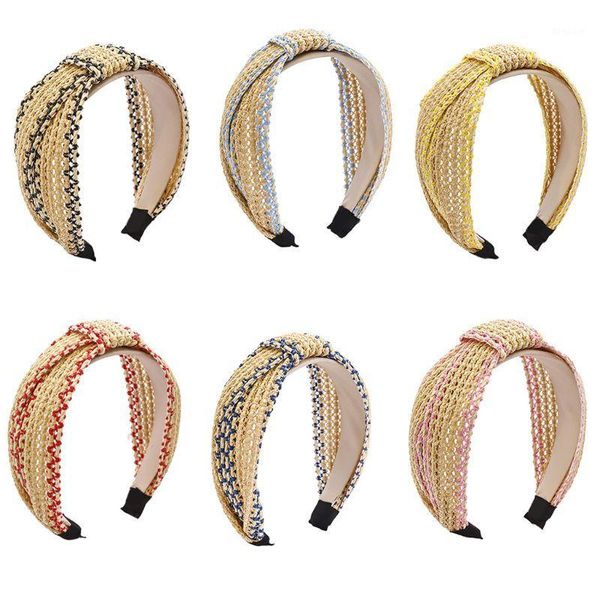 

korean vintage woven straw hair hoop braided criss cross knot vacation bandana1
