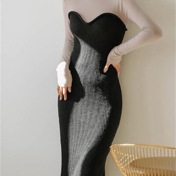 

winter korean temperament slim retro knit stitching high collar split bottom, Black;gray