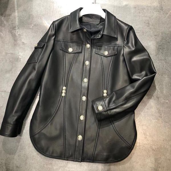 

women's leather & faux ladies genuine shirt women real sheepskin jacket, Black