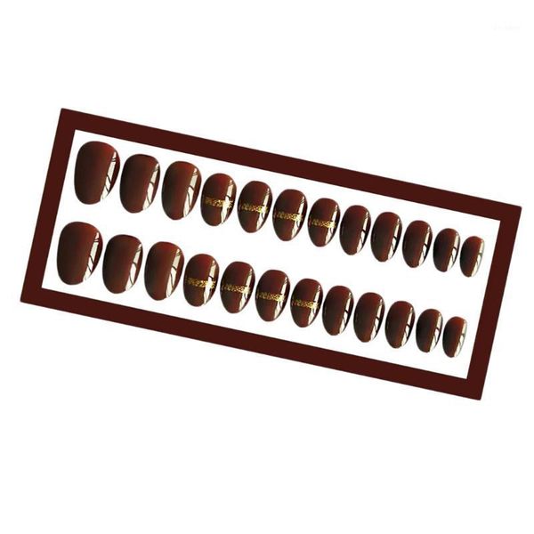 

24pcs glittering short full cover false nail art tips charming fake set1, Red;gold