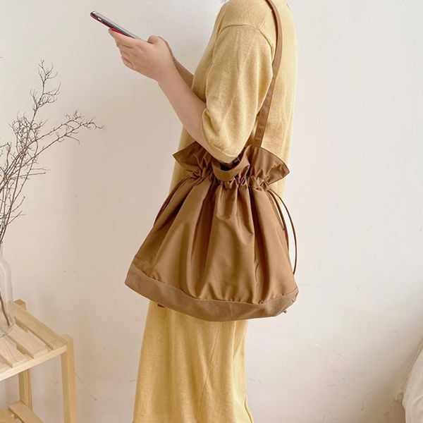 

solid color nylon totes shoulder bags for women 2021 personalized pleated drawstring lady bag simple female commuter handbag cross body