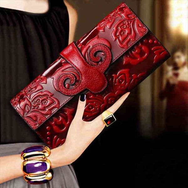 

wallet woman temperment banquet hand take long fund atmosphere genuine leather portfel purse evening bag women, Red;black