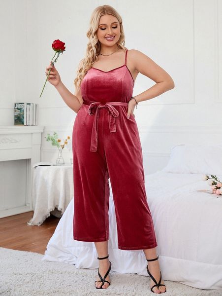 

plus backless belted velvet cami jumpsuit n0bq#, Black