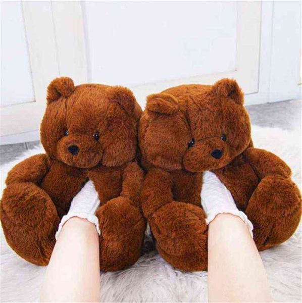 Desenhos animados Pelúcia Urso de Peluche Chinelos Mulheres Casa Indoor Soft Anti-Slip Faux Peles Cute Chinelos de Inverno Luz de Inverno Casais Quentes Sapatos H1122