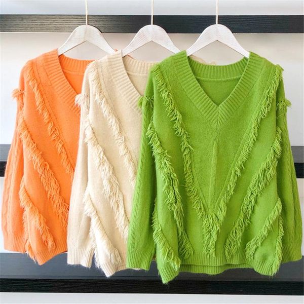 

women's sweaters 2021 spring autumn fashion sweater women loose wear lazy wind v-neck long sleeve tassel pullover tide h00609, White;black