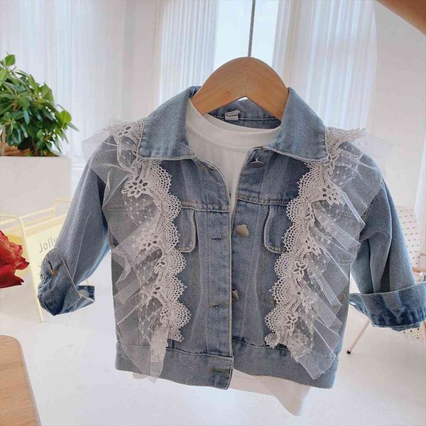 

spring girls coat korean long sleeve solid lace denim jacket, Blue;gray