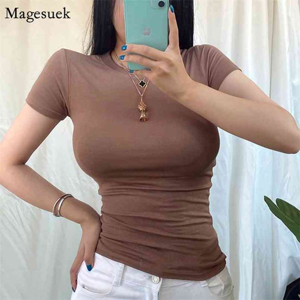 

korean style cotton summer t-shirt women solid short sleeve slim women's t-shirts fashion o neck elastic base tee 13961 210512, White