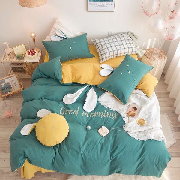 

ins style three dimensional rabbit ear pure cotton embroidery four piece set girl heart wash lovely quilt cover sheet