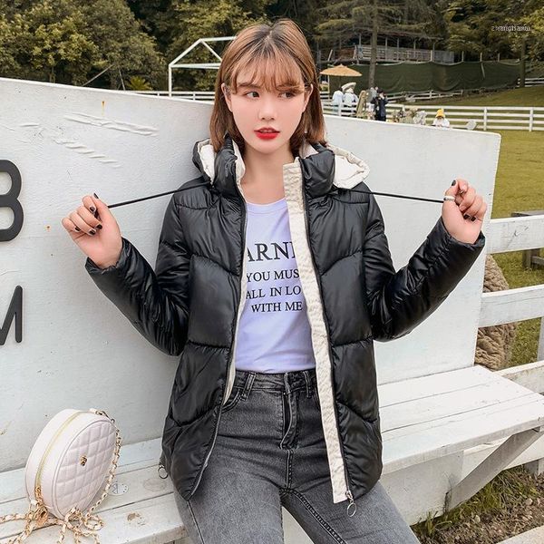 

korean style women's winter jacket plus size loose solid hooded short parkas woman cotton padded stand collar thick coats female1, Black
