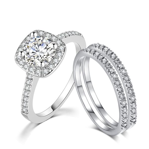 Conjunto de anéis de noivado para mulheres Casal Quadrado Cor Prata Zircão Cúbico Birde Anel Deslumbrante Moda Jóias SR531-M