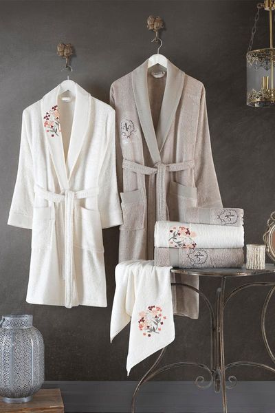 

towel pierre cardin bamboo cotton family bath robe set 6 pcs cream color and beige