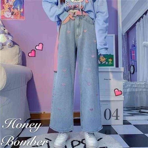 

favour vintage woman jeans winter fashion embroidery wide leg pants loose casual sweatshirt high waist baggy women 210825, Blue