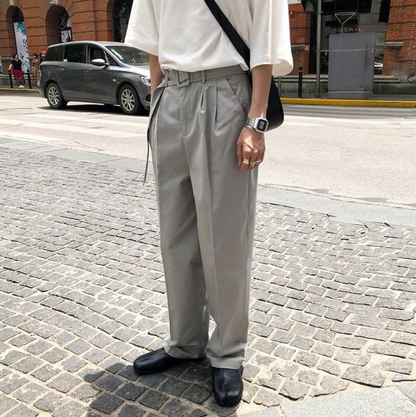 

spring and autumn youth ins original solid color loose personality design belt fashion straight pants s-xl men's, Black
