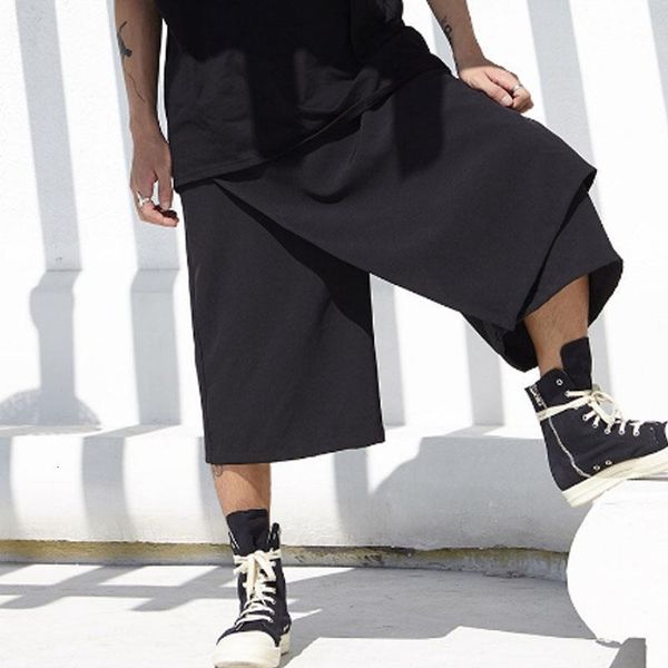 

men's pants trousers spring and summer loose seven minutes fake two pieces shorts casual large yamamoto style qgu6, Black