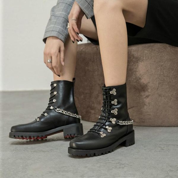 

boots sklfgxzy women genuine leather ankle female motorcycle night club shoes woman platform chunky heels, Black