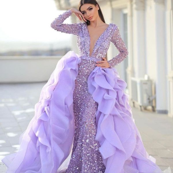 

deep v neck evening dresses mermaid gowns sequin sparkle long sleeve prom dress with detachable train ladies vestido de novia, Black;red
