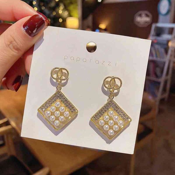 

925 silver needle geometric square pearl advanced sense simple temperament fashionable double circle earrings for women, Black