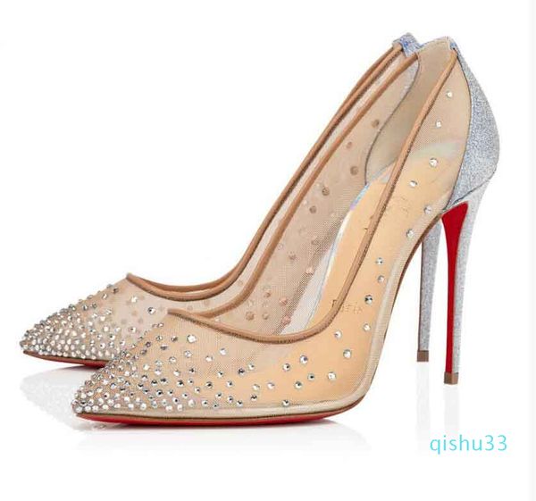 

-luxurious brands follies strass sling dress shoes elegant red bottom pumps women slingback mesh & rhinestone high heels, Black