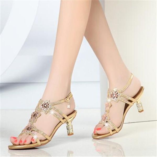 

rhinestones women square heel sandals genuine leather summer open toe thick high-heeled shoes fashion gold, Black