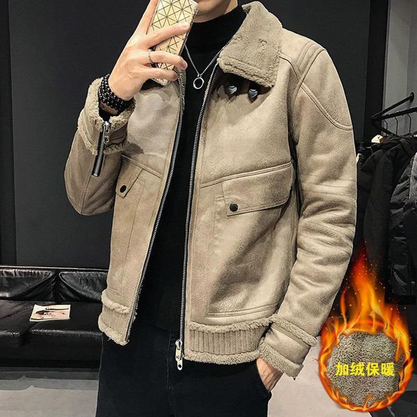 

men's jackets 2021 fur and one-piece thickening jacket lamb collar coat for men, Black;brown