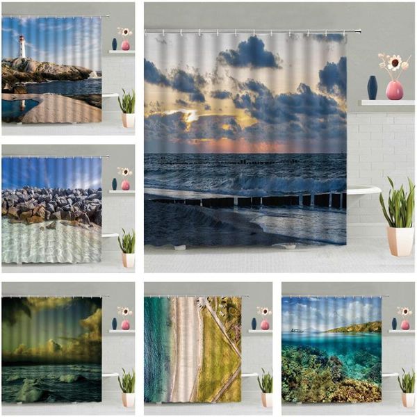 

shower curtains ocean sandy beach curtain blue sea sky scenery bathroom waterproof wall hanging screen hook home decor set