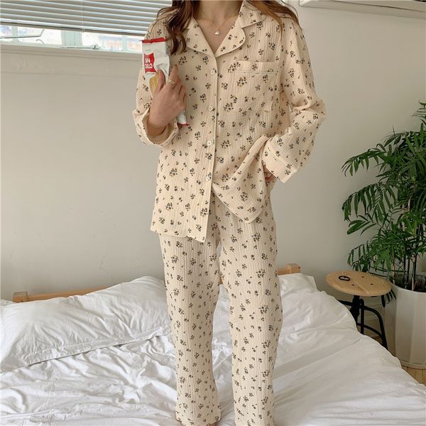 

autumn winter crepe cotton two piece set sleepwear women pajamas set long sleeve shirts pants home set floral print vintage y106, Black;red