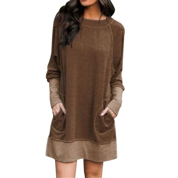 

plus size dress apparel autumn women casual o neck long sleeve pockets loose womens clothing mini dress sweatshirt pullover clothing, Black;gray
