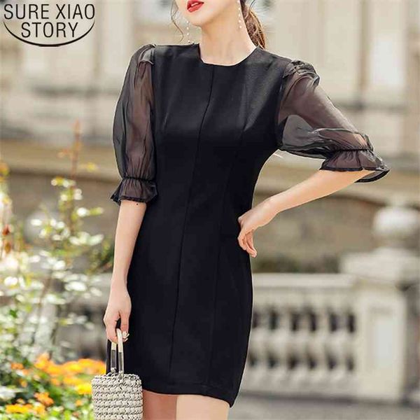 

summer fashion mesh splice high waist party dress black vintage women short sleeve round collar solid es 9327 50 210506, Black;gray