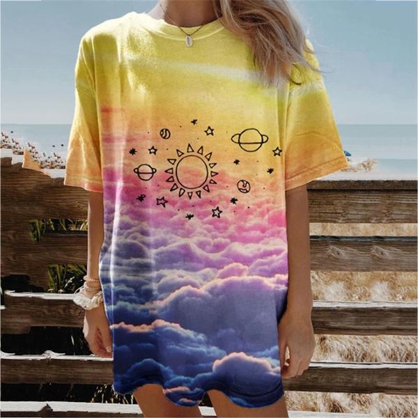 

women's t-shirt tie dye planet print hip hop mid-length t shirt for women o neck short sleeve england fashion harajuku 2021 summer plus, White