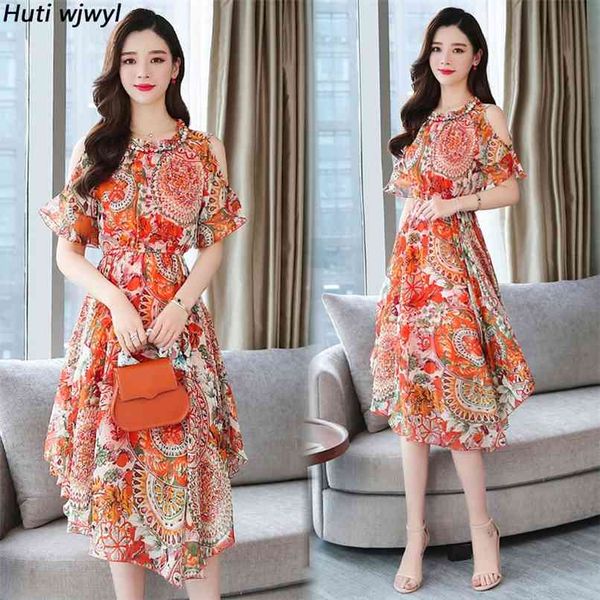 

floral chiffon boho midi dresses summer vintage plus size beach off shoulder sundress women bodycon elegant party vestidos 210528, Black;gray