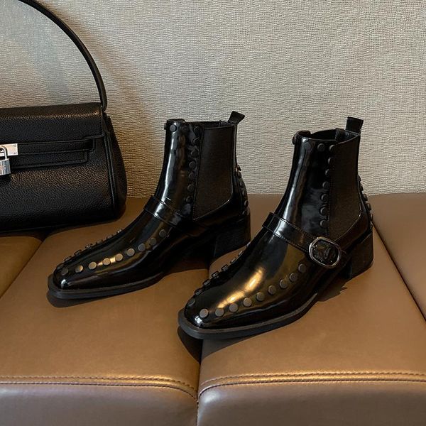 

boots fashion rivet pure black retro square sleeve thick middle heel women's short single x751