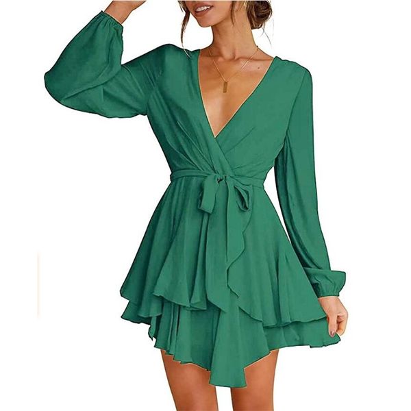 

autumn 2021 green v-neck mini skirt ruffle hem long sleeve dress, Black;red