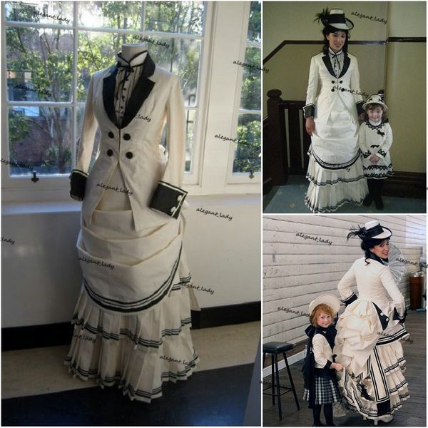 Historische Abendkleider aus dem Bürgerkrieg im Süden mit langärmeligen, schwarz-weißen viktorianischen Damen-Abendkleidern im edwardianischen Stil mit Schnürmantel und Rock
