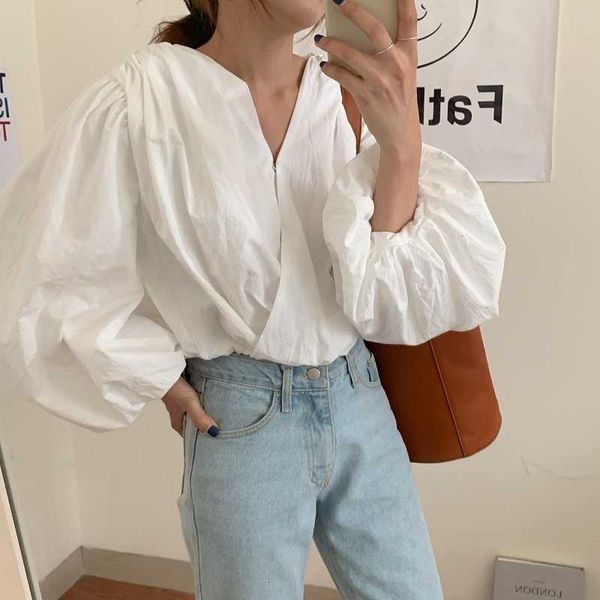 

women's knits & tees autumn lantern sleeve korean blouse women long crop v neck ladies causal wrap fashion xlss, White