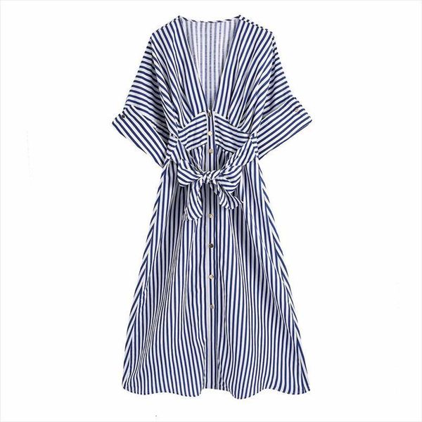 

evfer casual striped za women dress summer blue long with belt girls fashion single breasted short sleeve high waist linen, Black;gray