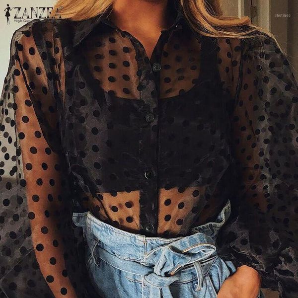 

women's blouses & shirts women's summer mesh blouse fashion polka dot printed see through ladies lapel long puff sleeve party, White