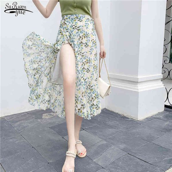 

summer chiffon skirt women irregular fishtail floral midi s lace-up lotus leaf beach s jupe femme 10232 210427, Black