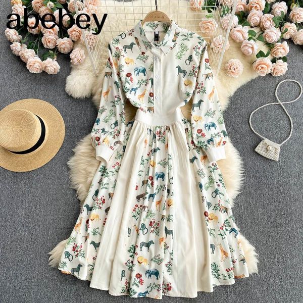 

casual dresses design sense animal print dress women turndown-collar long sleeve a-line autumn streetwear midi, Black;gray