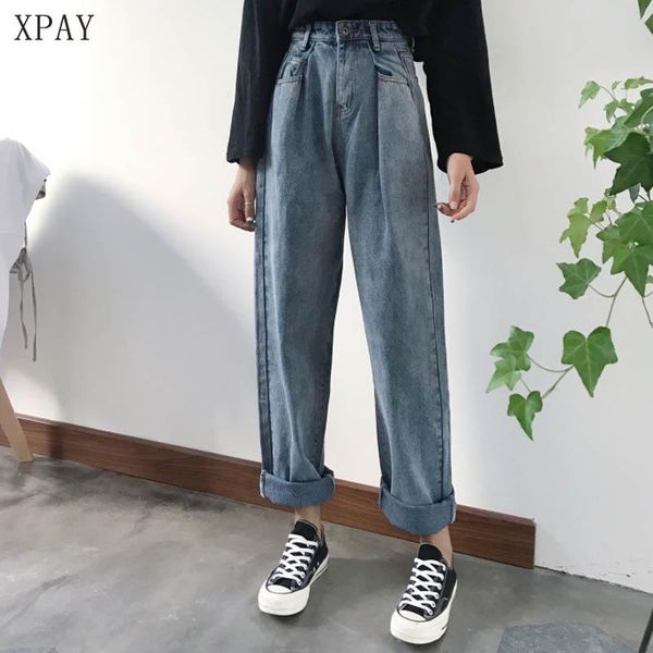 

women's jeans elegant korean oversize high waist jean 2021 spring loose vintage woman bleached casual boyfriend curl denim long trouser, Blue