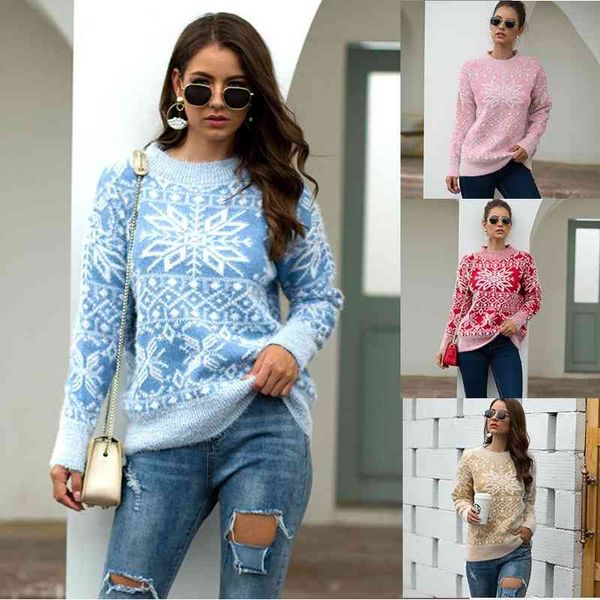

christmas snowflake loose sweater women knitted jumper autumn winter long-sleeved thick warm jacquard sweaters pullovers 210603, White;black